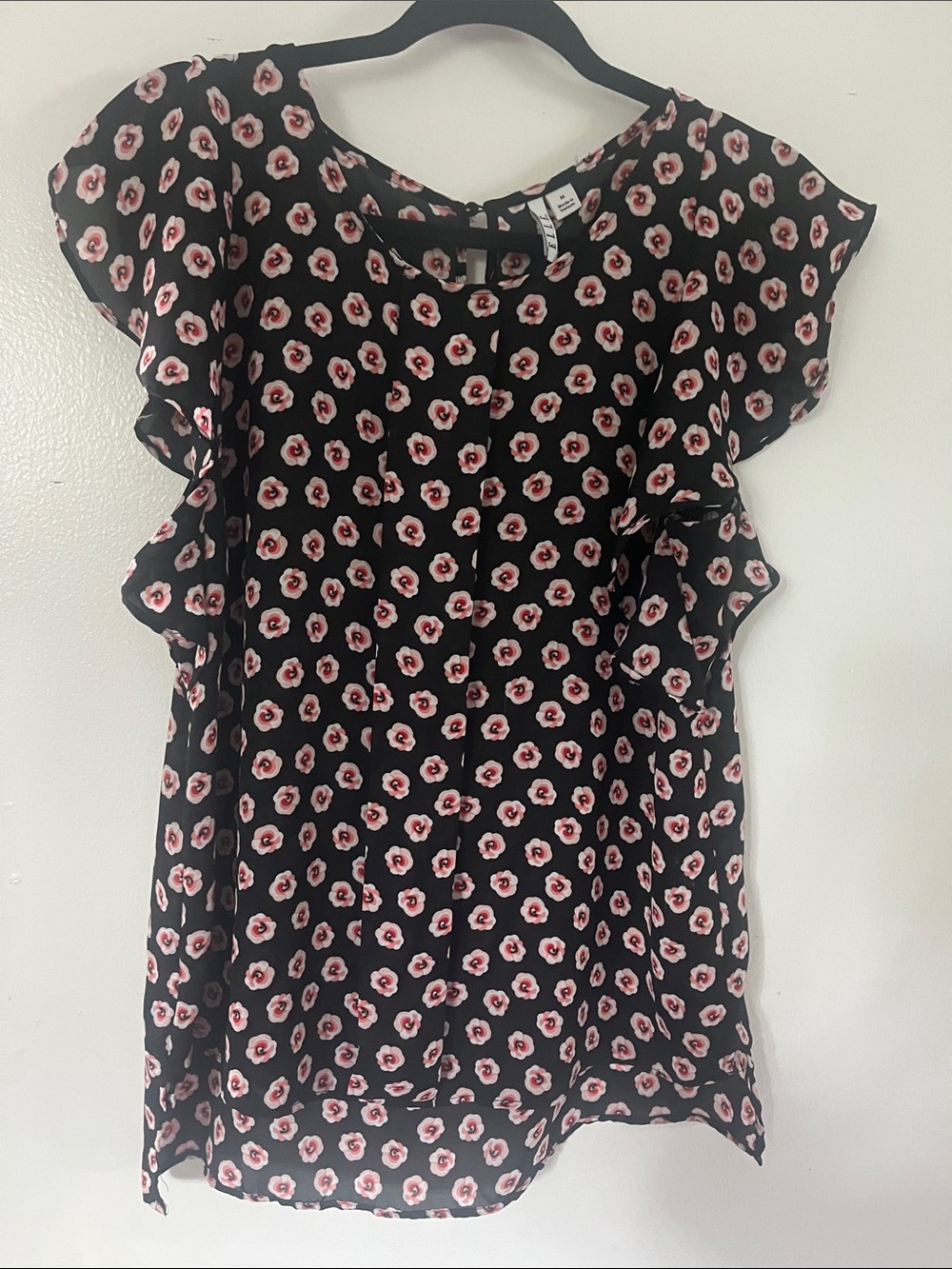 Elle Black Floral Ruffle-Sleeve Blouse with Pink Accents